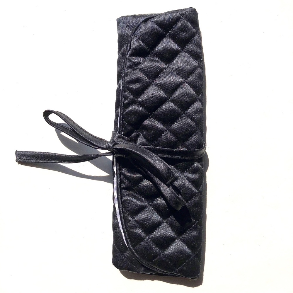 makeup brush bag in black quilted satin with tie closure pouch cosmetics pencils